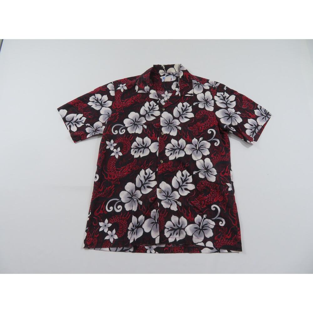 Hawaii Hawaiian Shirt, Hibiscus Dragon, Black Red, Sz M-L? 1990s